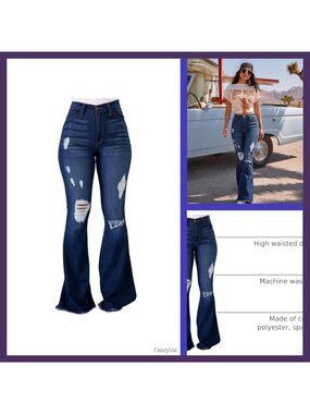 High Waist Ripped Flare Jeans Raw Hem Bell Bottom Denim Pants